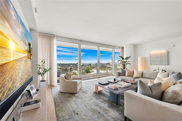 living room with floor to ceiling windows