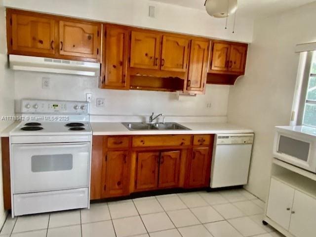 kitchen with ceiling fan, sink, light tile patterned floors, and white appliances