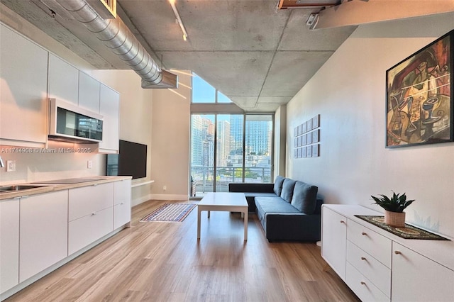 living room featuring floor to ceiling windows, sink, and light hardwood / wood-style floors