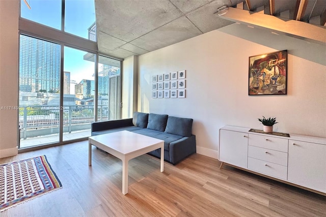 living room with expansive windows and light wood-type flooring