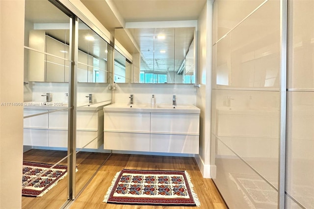 bathroom with wood-type flooring and vanity