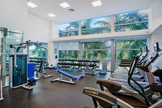 exercise room with a high ceiling