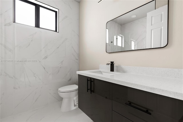 bathroom featuring a shower, vanity, and toilet