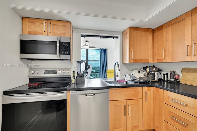 800 Parkview Dr Unit 1001, Hallandale Beach, FL 33009 - kitchen with stainless steel appliances, a sink, and dark countertops