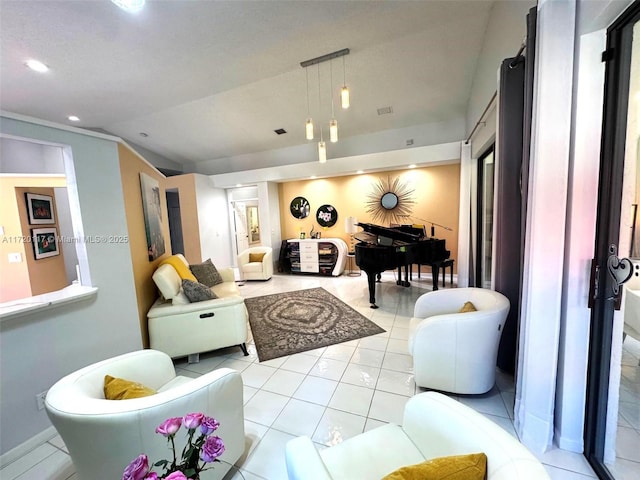 living room featuring lofted ceiling, light tile patterned flooring, visible vents, and recessed lighting