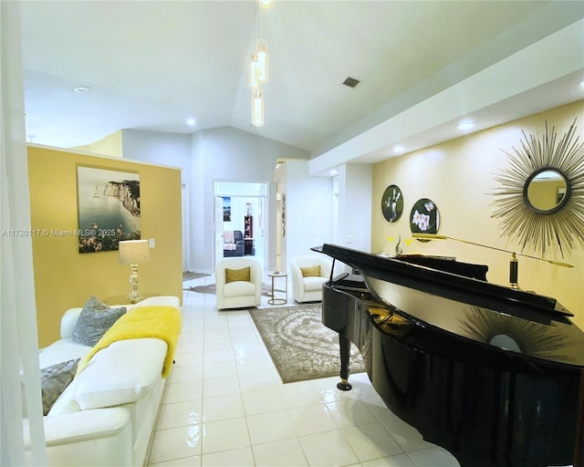 tiled living room featuring lofted ceiling