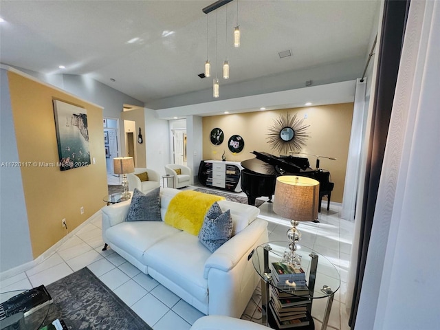 living room featuring light tile patterned flooring and lofted ceiling