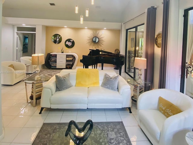 tiled living room featuring vaulted ceiling