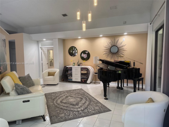 living room featuring light tile patterned floors