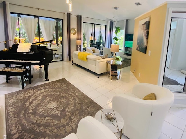 living room featuring light tile patterned floors and lofted ceiling