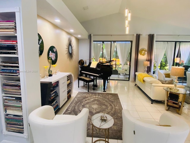 interior space with lofted ceiling and light tile patterned flooring