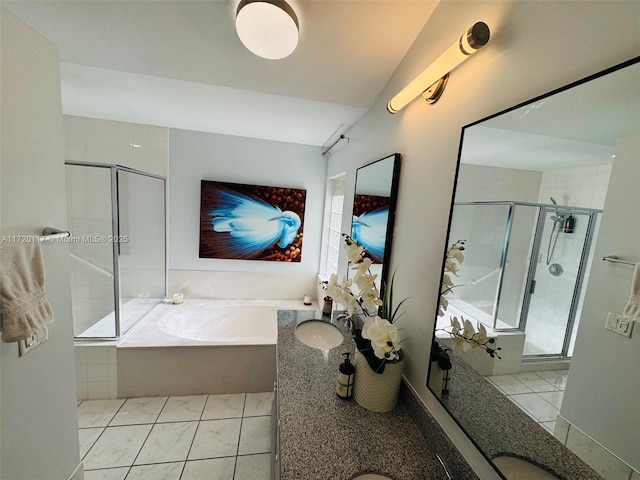 bathroom featuring lofted ceiling, a stall shower, vanity, and a bath