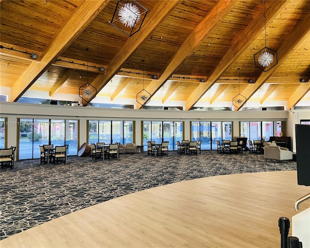 gym with wood ceiling and hardwood / wood-style flooring