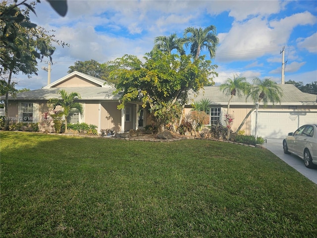 ranch-style home with a front yard and a garage