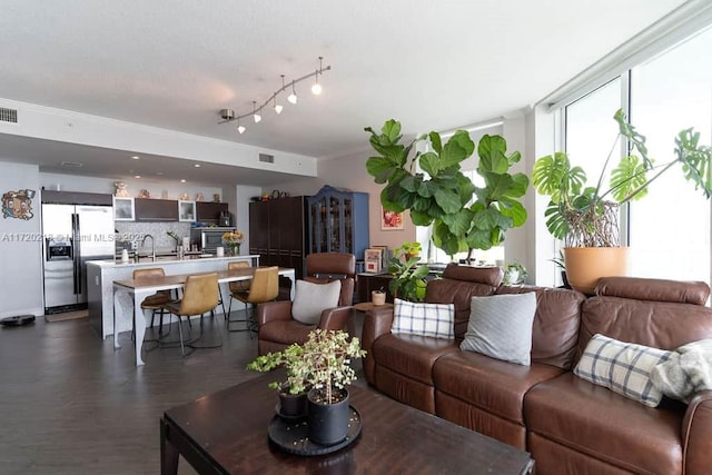 living room featuring sink and ornamental molding