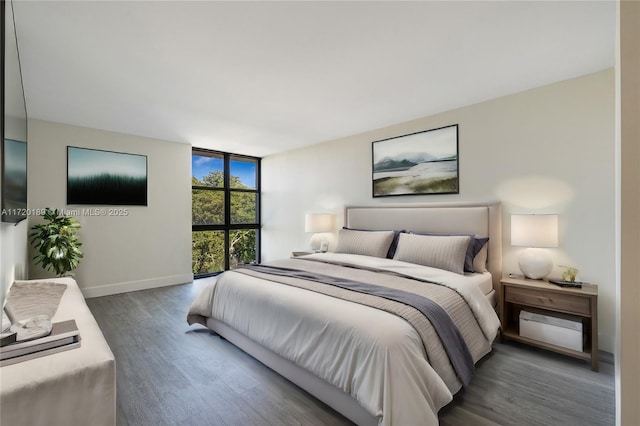 bedroom with a wall of windows and dark hardwood / wood-style floors