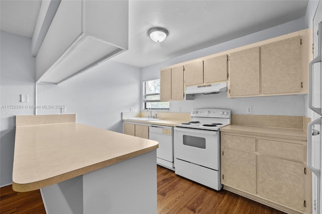 kitchen featuring kitchen peninsula, sink, dark hardwood / wood-style floors, and white appliances