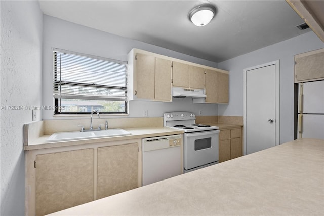 kitchen featuring white appliances, sink, and light brown cabinetry