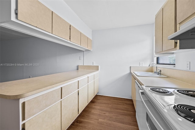 kitchen featuring sink, dark hardwood / wood-style floors, light brown cabinetry, white electric range oven, and extractor fan