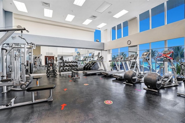 exercise room with a towering ceiling