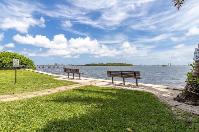 view of dock featuring a water view and a lawn