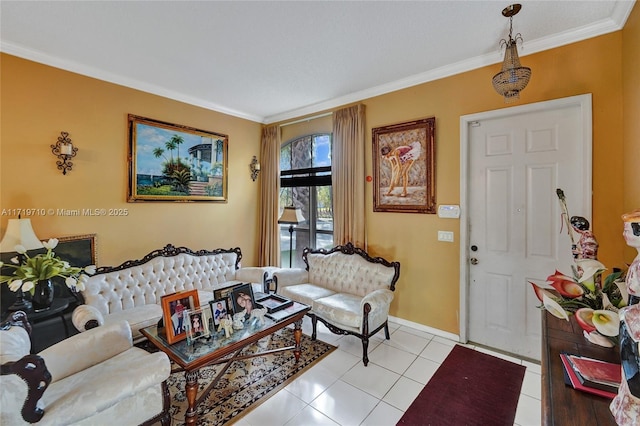 tiled living room featuring crown molding