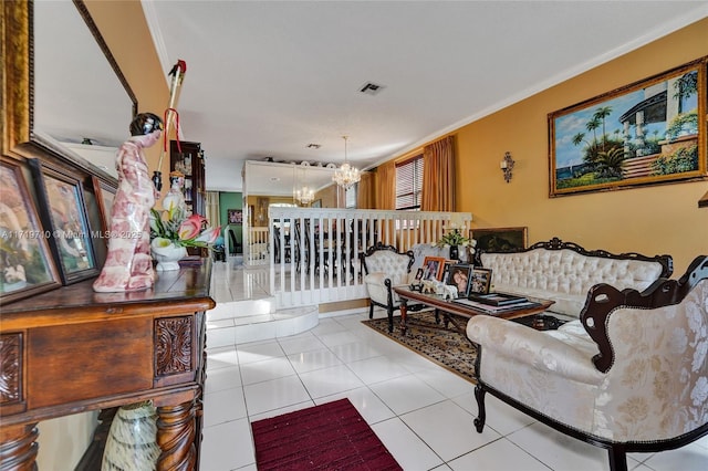 hall with an inviting chandelier, light tile patterned floors, and ornamental molding