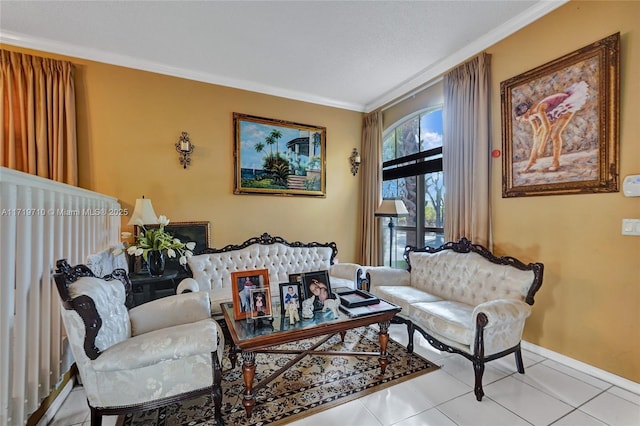 living room featuring light tile patterned floors and crown molding