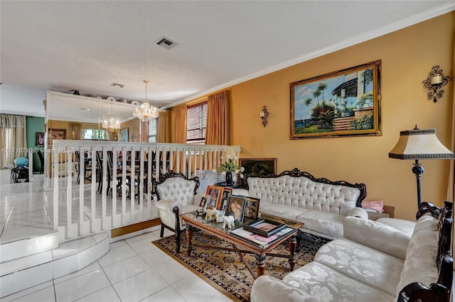 tiled living room featuring a textured ceiling, crown molding, and an inviting chandelier