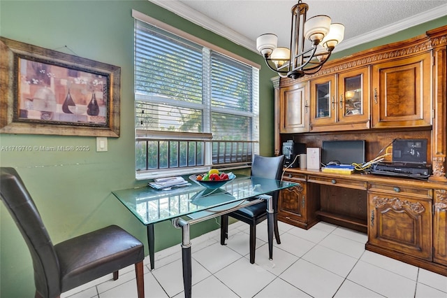 dining area with light tile patterned floors, ornamental molding, a textured ceiling, and an inviting chandelier