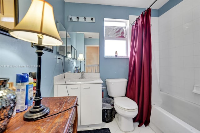 full bathroom with tile patterned flooring, vanity, toilet, and shower / tub combo