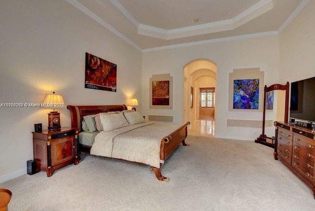 6139 Via Venetia S, Delray Beach, FL 33484 - bedroom with a raised ceiling, light carpet, arched walkways, and crown molding