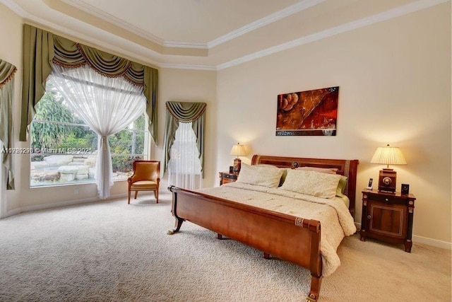 6139 Via Venetia S, Delray Beach, FL 33484 - bedroom featuring carpet floors, ornamental molding, and a tray ceiling
