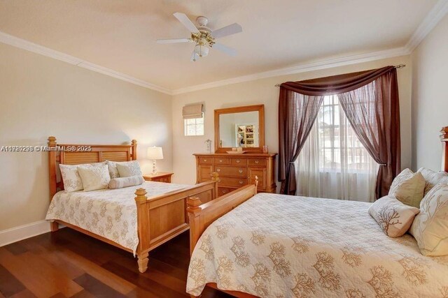 6139 Via Venetia S, Delray Beach, FL 33484 - bedroom featuring ornamental molding, dark wood-type flooring, and a ceiling fan