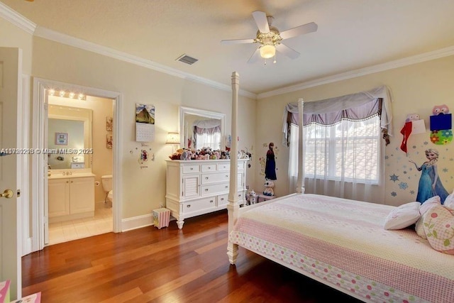6139 Via Venetia S, Delray Beach, FL 33484 - bedroom featuring wood finished floors, ornamental molding, ensuite bathroom, and a ceiling fan
