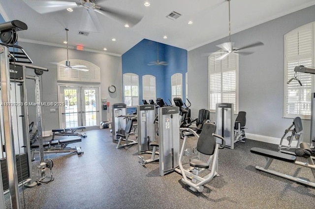 6139 Via Venetia S, Delray Beach, FL 33484 - gym with a ceiling fan, french doors, crown molding, recessed lighting, and a towering ceiling