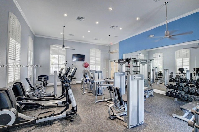 6139 Via Venetia S, Delray Beach, FL 33484 - gym with a ceiling fan, crown molding, and recessed lighting