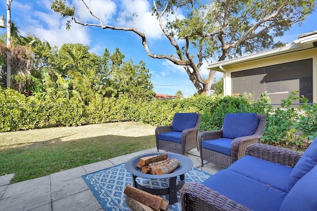 view of patio / terrace featuring a fire pit