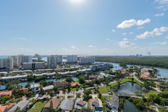 bird's eye view with a water view