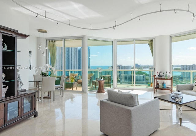 living room featuring a wall of windows