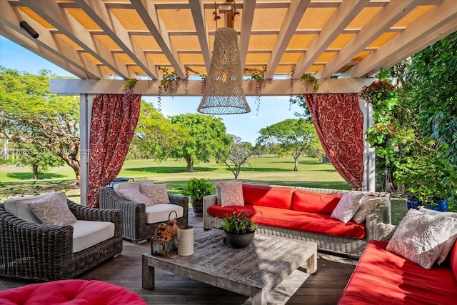 view of patio / terrace featuring an outdoor living space, a deck, and a pergola