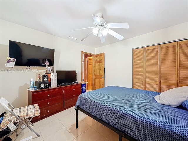 bedroom featuring light tile patterned flooring, ceiling fan, and a closet