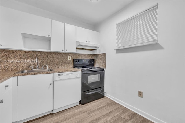 kitchen featuring white cabinetry, dishwasher, sink, black electric range oven, and light hardwood / wood-style floors