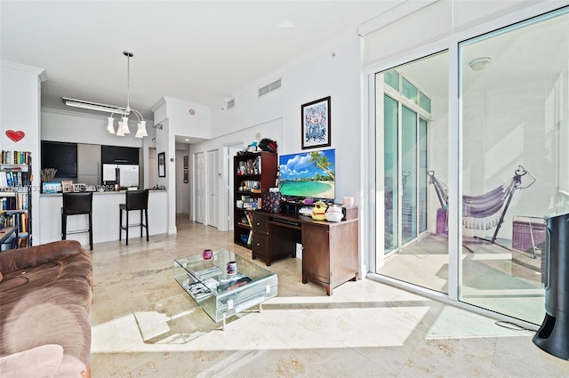 living room featuring ornamental molding