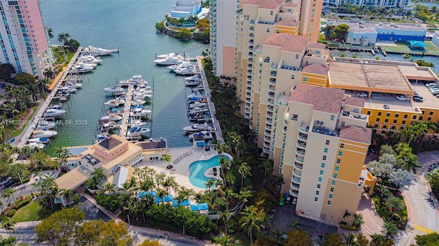 drone / aerial view featuring a water view