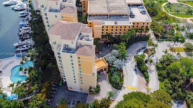 birds eye view of property featuring a water view