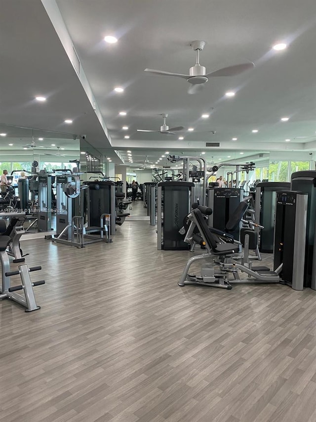 3340 NE 190th St Unit 1101, Aventura, FL 33180 - gym with a ceiling fan, wood finished floors, and recessed lighting