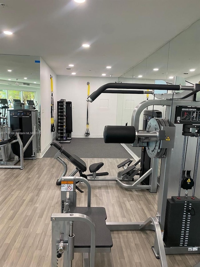 exercise room featuring light wood-type flooring