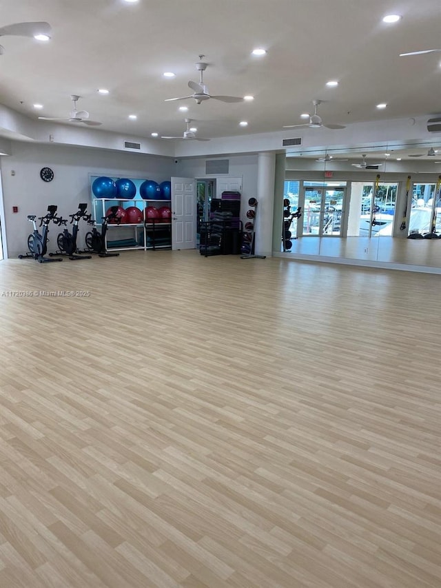 workout area featuring light hardwood / wood-style floors