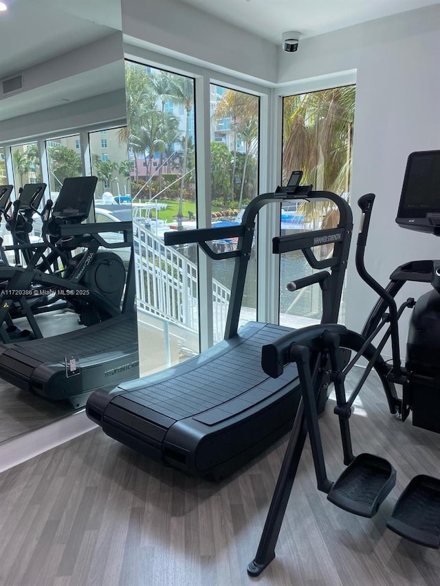 workout area with hardwood / wood-style floors